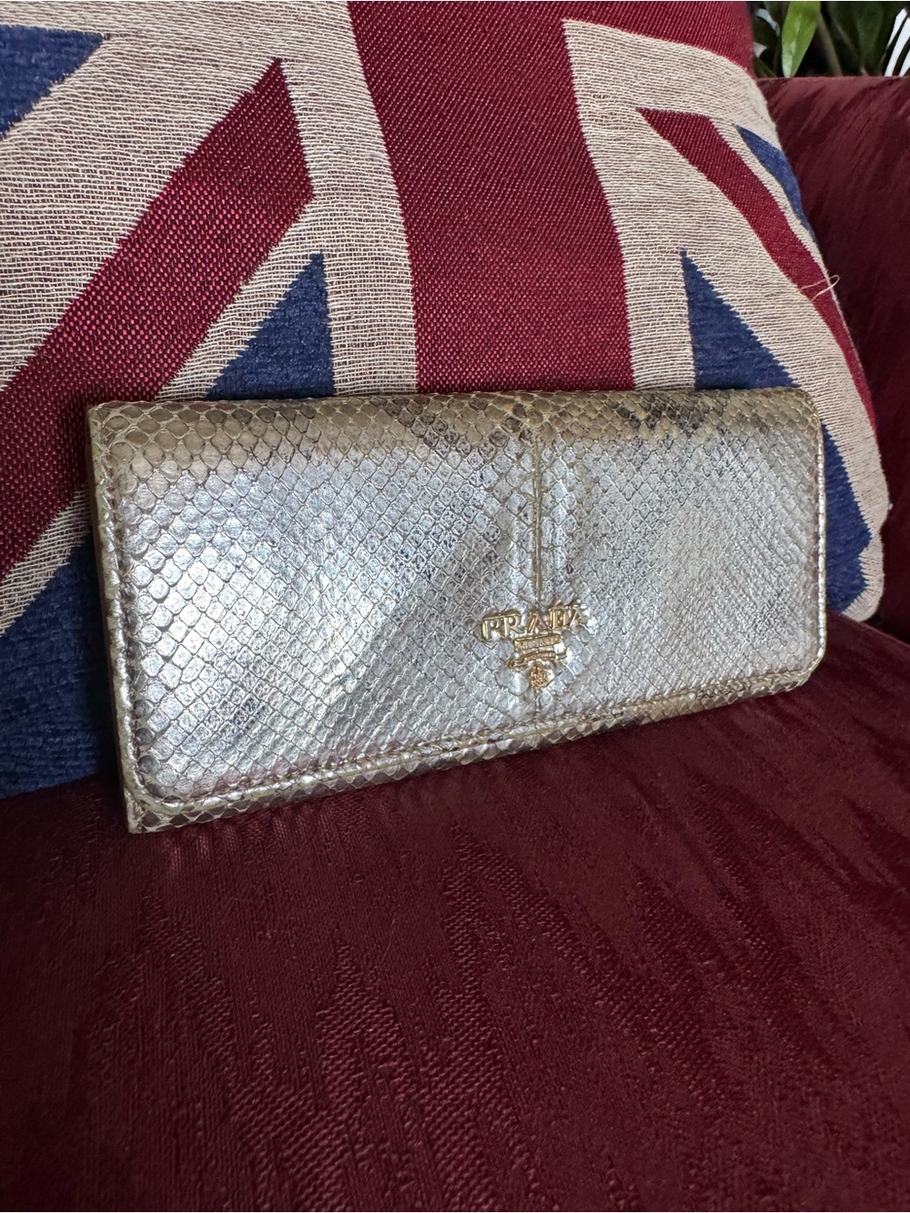 Prada Metallic Silver Python Wallet with Gold Logo